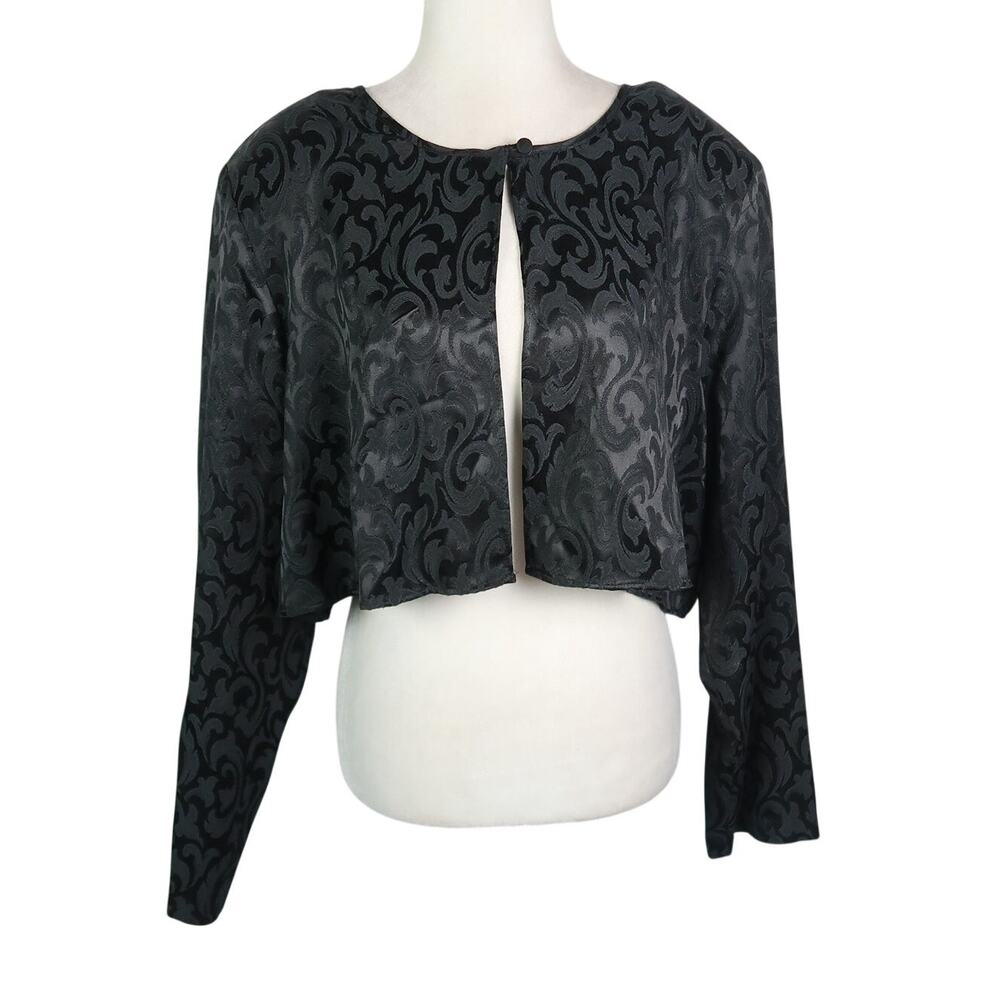 Vintage 90s Von Bramlett Black Damask Print Crop Bolero Evening Jacket